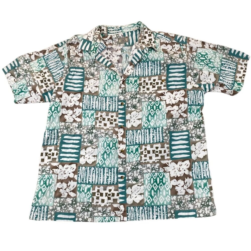 Vintage Weekender Traveler Mens Hawaiian Shirt XL Short Sleeve Button Up Green